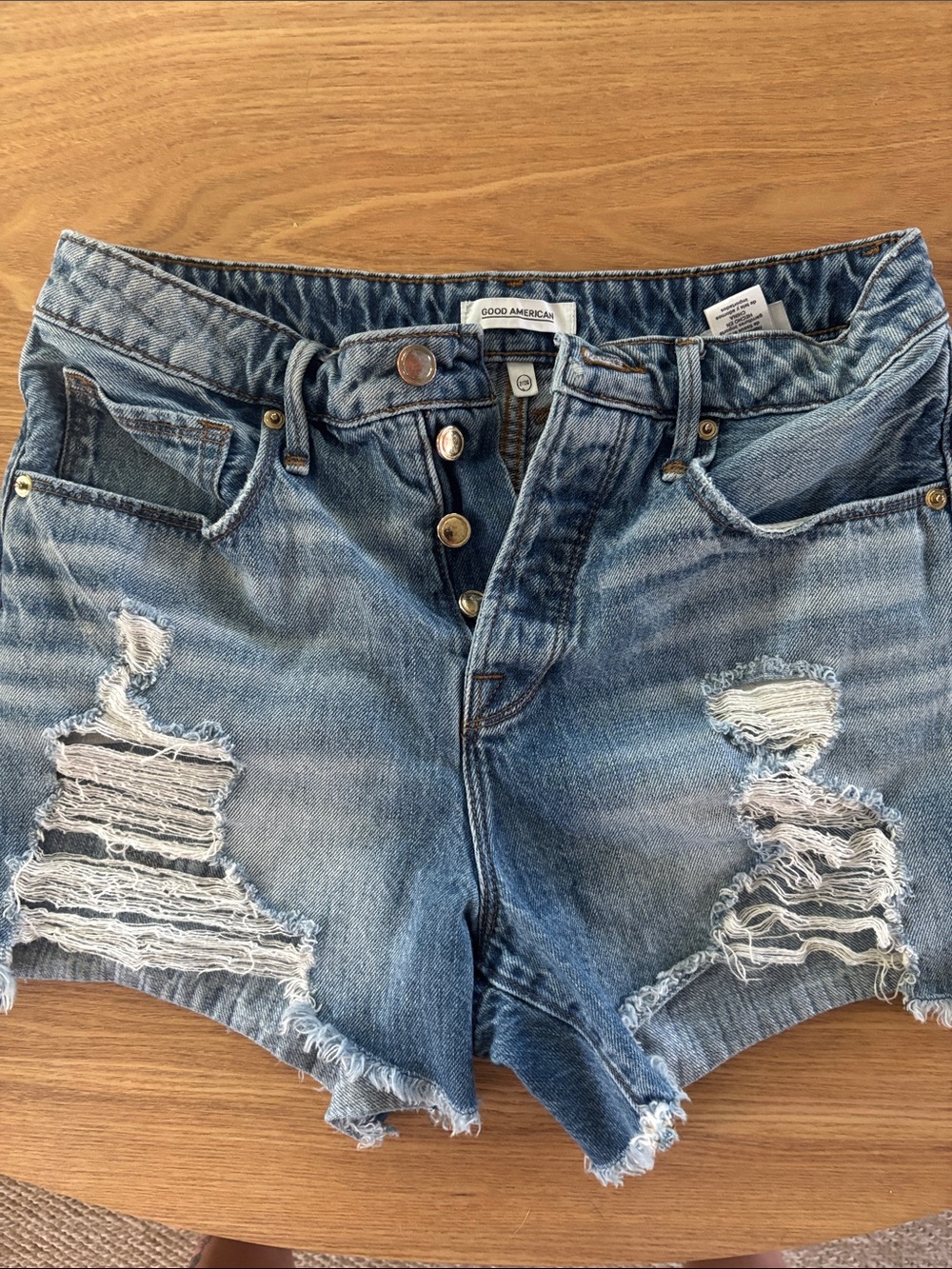 Good American Light Blue Distressed High-Rise Denim Shorts
